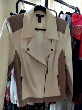 INC International Concepts Cream and Taupe Colorblock Moto Jacket
